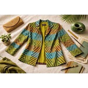 RARE ARCHIVAL Vintage 90s Anita Ford Collection 100% Thai Silk Geo Blazer M